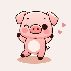 Cute Kawaii Cartoon Pig Illustration Giving Hand with Happy Expression and Blushing Cheeks 