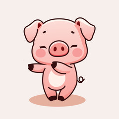 Cute Kawaii Cartoon Pig Illustration Dancing And Waving Hand with Happy Expression and Blushing Cheeks