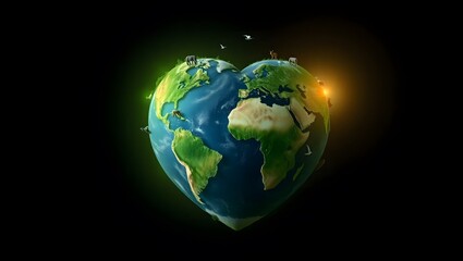 Fototapeta premium Heart-shaped Earth globe with vibrant continents against a deep, dark background. Love for Earth concept.