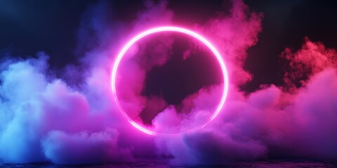 Glowing neon circle surrounded by colorful smoke and dark background