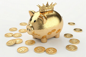 Golden Piggy Bank with Crown and Coins Luxury Savings and Wealth Concept