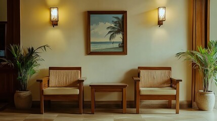 Serene Interior With Wooden Chairs And Ocean Scene Artwork