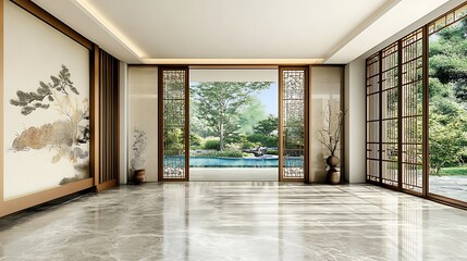 Obraz premium Serene Modern Interior Design: 3D Render of a Tranquil Living Space with Garden Views AI Generated