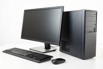Fototapeta premium Desktop Computer Setup. PC Tower, Monitor, Keyboard & Mouse for Office & Gaming