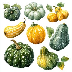 Watercolor Illustration Of Different Gourds And Pumpkins