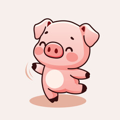 Cute Kawaii Cartoon Pig Illustration Dancing And Waving Hand with Happy Expression and Blushing Cheeks