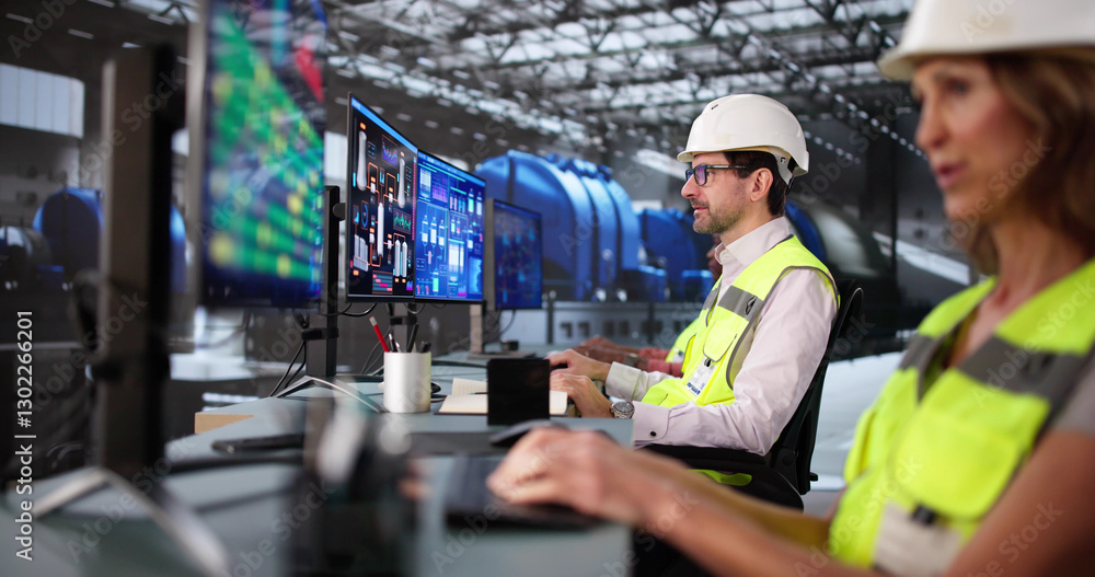 Poster Engineers and operators controlling gas pipes with SCADA software