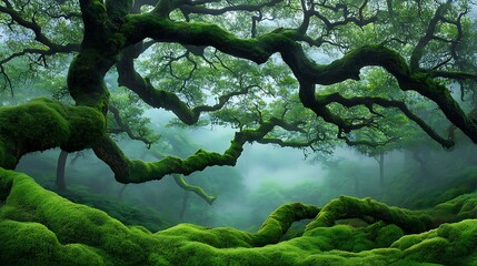 Moss-Draped Ancient Tree in a Misty Forest: Nature Photography AI Generated