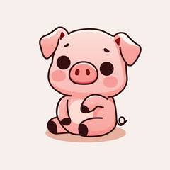 Obraz premium Cute Kawaii Cartoon Pig Illustration Sitting with Sad Expression and Blushing Cheeks