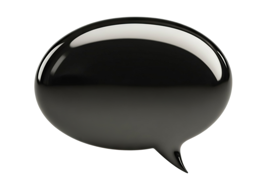 Glossy black speech bubble in oval shape, isolated on transparent cutout background