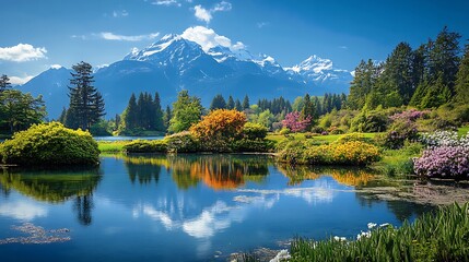 Naklejka premium Serene Springtime Mountain Lake Reflection: Vibrant Garden Landscape Photography AI Generated