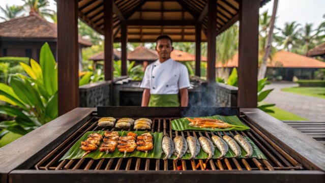 Foodie travel cooking classes concept. Chef grilling seafood outdoors with a tropical backdrop, showcasing fresh ingredients and culinary skills.