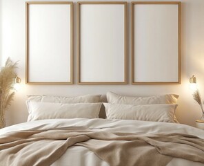 Minimalist bedroom with three blank frames above bed. (1)