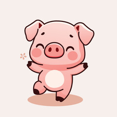 Cute Kawaii Cartoon Pig Illustration with blushing happy face dancing without a doubt pink color