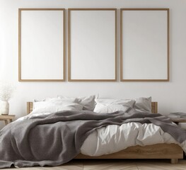 Minimalist bedroom with three empty frames above bed. (1)