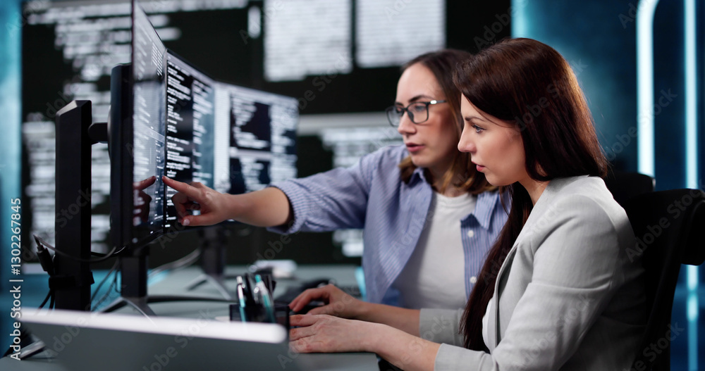 Poster Focused Woman Programmer Developing Software Code On Computer Screen