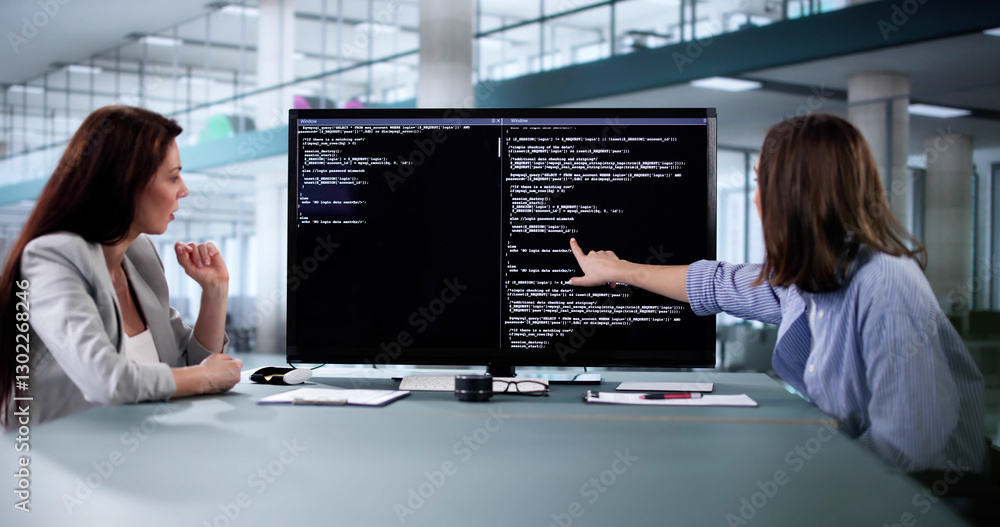 Poster working together, a pair programs on a computer