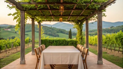 Foodie travel culinary adventure concept. Rustic outdoor dining area surrounded by vineyards and mountains at sunset.