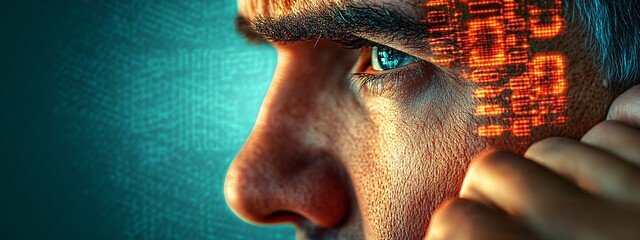 Glowing Digital Code Overlay on Man's Face