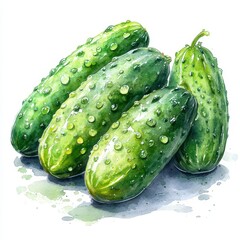 Watercolor Illustration Of Fresh Cucumbers