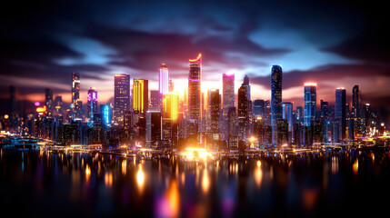 Fototapeta premium vibrant holographic city skyline at night, showcasing illuminated skyscrapers reflecting on water, creating stunning urban landscape