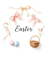 Obraz premium Easter decoration featuring ribbons, eggs, basket, and flowers, for joyful celebration season.