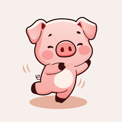 Cute Illustration Cartoon Pig Dacing with Happy Expression and Blushing Cheeks Pure Expression Pink Colored