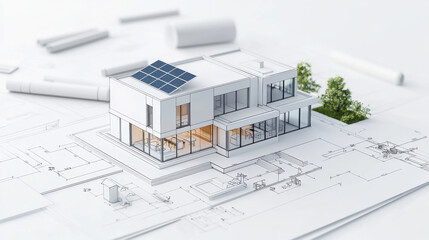Modern home architectural blueprint with solar panels and greenery