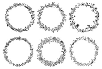 Set of Hand drawn wild flower wreath line art vector illustrations isolated on white background. Circle floral frame in black ink sketch style. Elegant wedding invitation design. Botanical clipart.