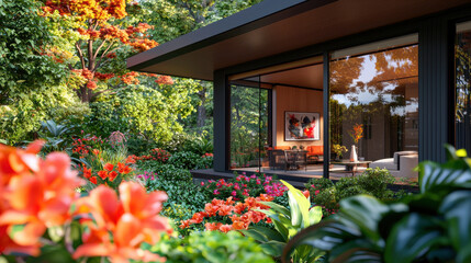 Obraz premium modern home surrounded by vibrant flowers and lush greenery, showcasing beautiful garden view through large glass windows. scene evokes tranquility and harmony with nature