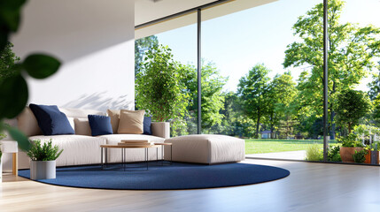 Fototapeta premium Modern living room with large windows, natural light, and greenery