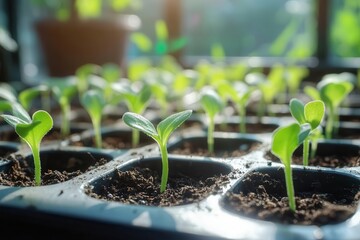 vibrant green seedlings emerge from rich soil in biodegradable pots, backlit by soft morning light, creating a hopeful atmosphere of new growth and potential in a gardener's greenhouse