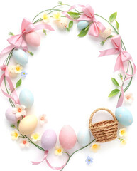 a delicate Easter wreath decorated with pastel eggs, ribbons, and flowers, forming a circular frame