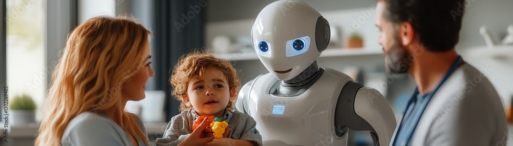 Poster futuristic robot concept.a family interacts with a friendly robot, showcasing a blend of technology 