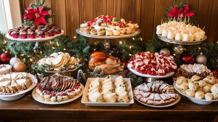 A festive Christmas buffet table decorated with holiday ornaments, featuring turkey, ham, and seasonal desserts.