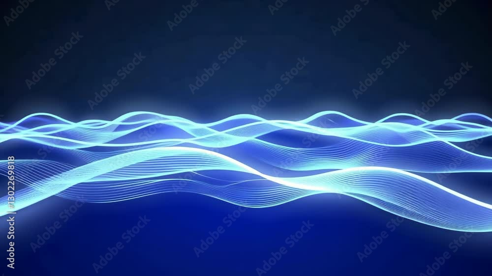 Poster mesmerizing digital illustration of flowing blue waves against dark background, creating sense of mo