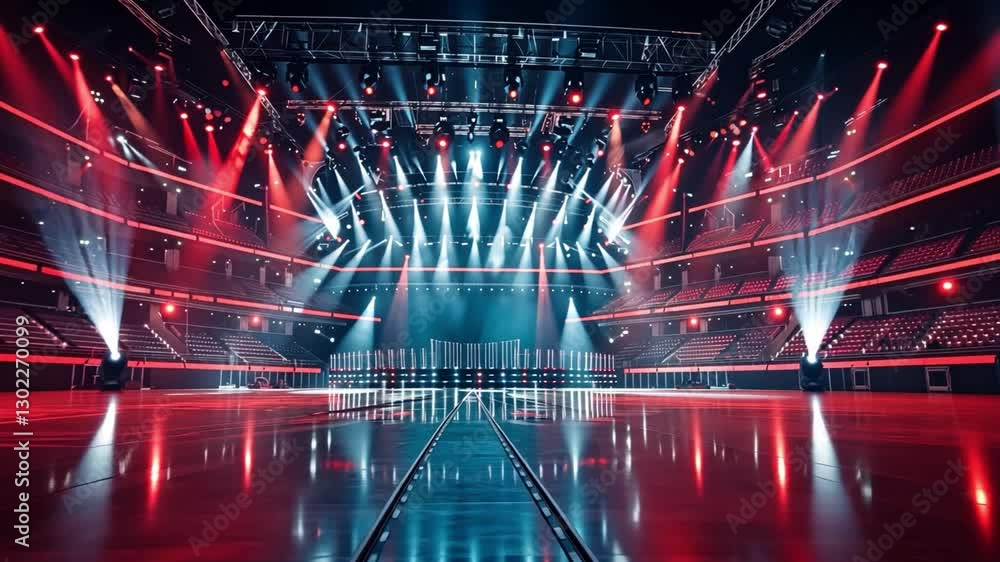 Poster vibrant concert stage with dynamic lighting and empty seats, creating electric atmosphere for modern
