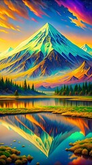 Mirror surface lake reflecting the early sunset against a breathtaking wide angle autumn landscape with a majestic mountain range in the background vibrant colorful outdoors picturesque.