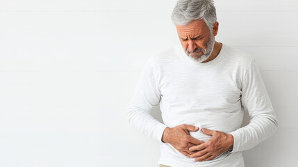 Elderly man with gray hair experiencing stomach pain, holding his abdomen. He appears distressed in light colored room