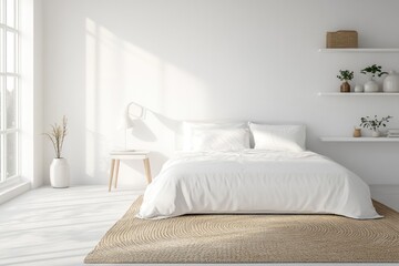 Minimalist bedroom with white bedding, jute rug, and natural light.