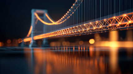 Naklejka premium stunning 3D blueprint of bridge showcasing intricate design details and illuminated cables, reflecting beautifully on water surface