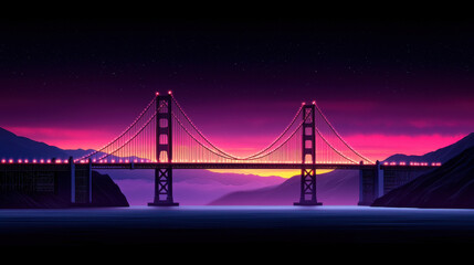 Fototapeta premium stunning artistic depiction of suspension bridge at sunset, showcasing vibrant colors in sky and reflections on water. scene evokes sense of tranquility and beauty