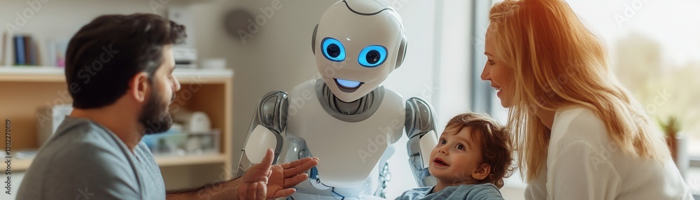 Poster futuristic robot concept.a family interacts with a friendly robot, showcasing the blend of technolog