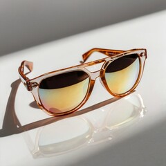 Trendy sunglasses with a reflection effect, placed on a pure white backdrop.
