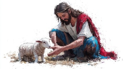 Shepherd Jesus Christ caring for lost lamb, watercolor illustration, isolated on white background