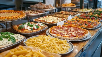Fototapeta premium An Italian buffet featuring pasta dishes, pizza, antipasto platters, and tiramisu.