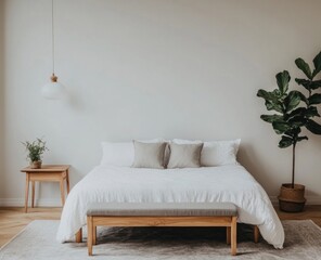 Minimalist bedroom with white bedding, wooden bench, and fiddle leaf fig.