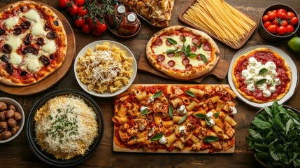 An Italian buffet featuring pasta dishes, pizza, antipasto platters, and tiramisu.