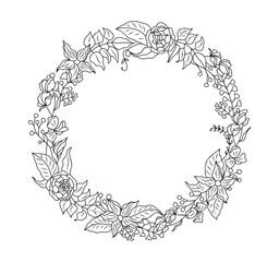 Hand drawn wild flowers wreath line art vector illustration isolated on white background. Circle floral frame in black ink sketch style. Elegant wedding invitation design. Botanical clipart.