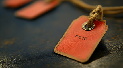 Vintage red tag with the number 1010 attached with string on a dark surface